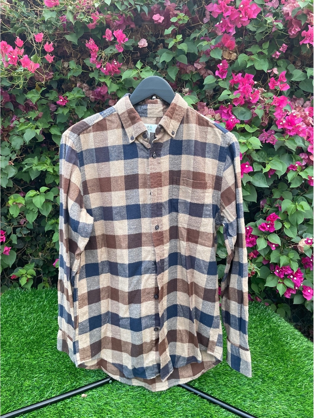 Men's Long Sleeve Button-Up Plaid Shirt Brown Blue Cotton